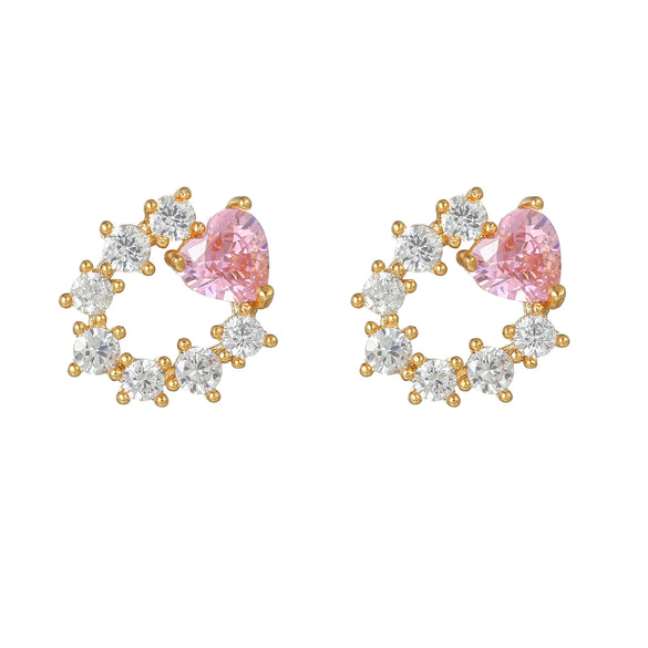 Wholesale Heartshaped Pink Zircon Earrings Brass 925 Silver Needle Electroplated Cute Jewelry