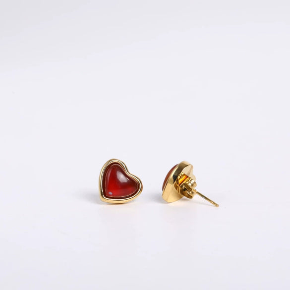 Wholesale Heartshaped Red Agate Pendant Necklace And Earrings In Titanium Steel Electroplated 18K Gold