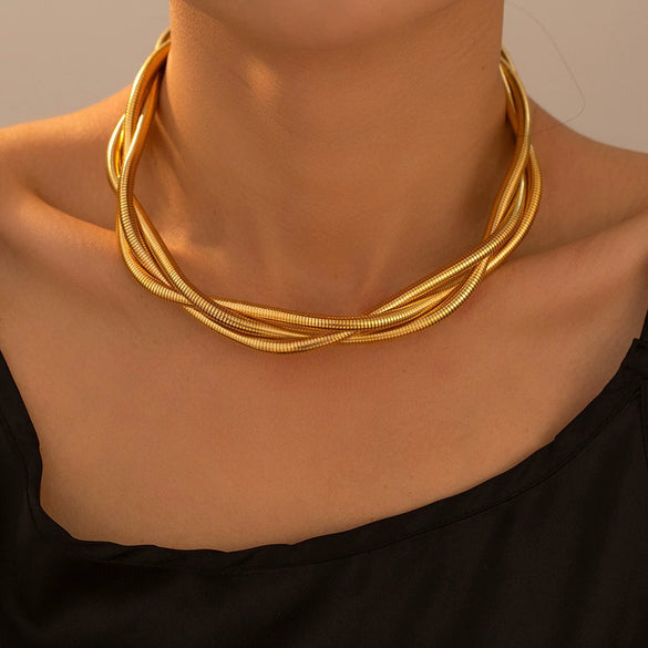 Wholesale Heavy Industry Style Threewire Wrap Collar Necklace In Stainless Steel With 18K True Gold Plated Electroplating And Geometric Design For Women