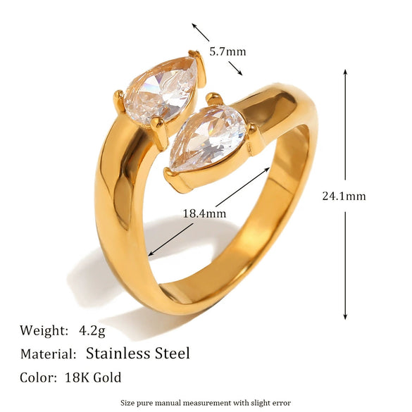 Wholesale High End Jewelry Stainless Steel 18K Gold Plated Drop Shaped Geometric Double Head Open Ring With Electroplating For Women