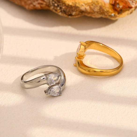 Wholesale High End Jewelry Stainless Steel 18K Gold Plated Drop Shaped Geometric Double Head Open Ring With Electroplating For Women