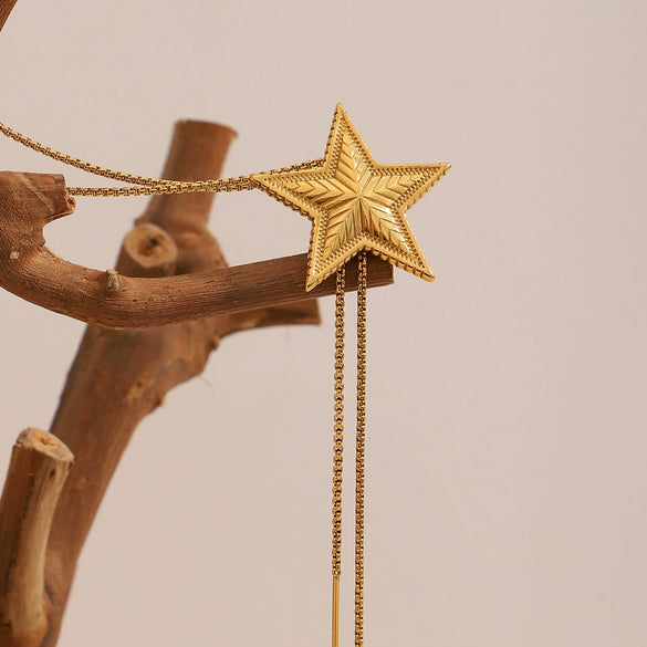 Wholesale High Grade Jewelry Stainless Steel Titanium Steel Plated 18K Gold Five Pointed Star Pull Necklace For Women With Electroplating Process