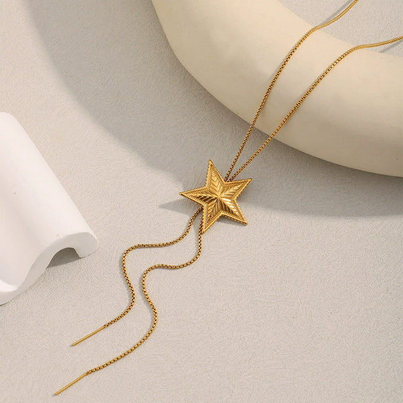 Wholesale High Grade Jewelry Stainless Steel Titanium Steel Plated 18K Gold Five Pointed Star Pull Necklace For Women With Electroplating Process