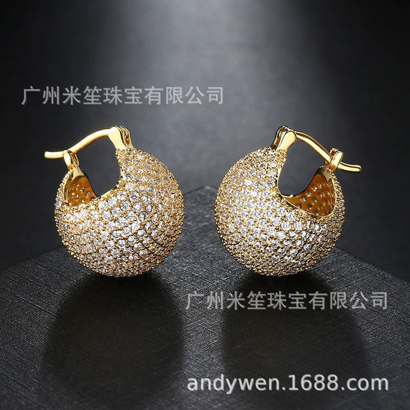 Wholesale High Grade Micro Inlaid Zirconium Ball Copper Ear Buckle Light Luxury Exquisite Ear Stud With Gold Plated Electroplating In Geometric Style For Women