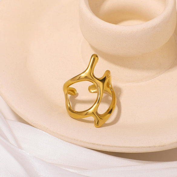 Wholesale High Quality Geometric Lines Irregular Stainless Steel Ring With Opening And Electroplating