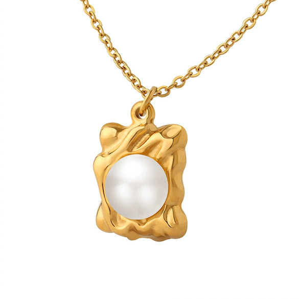 Wholesale Highend Accessories Imitation Pearl Square Pendant Necklace For Women Titanium Steel Geometric Electroplating Style