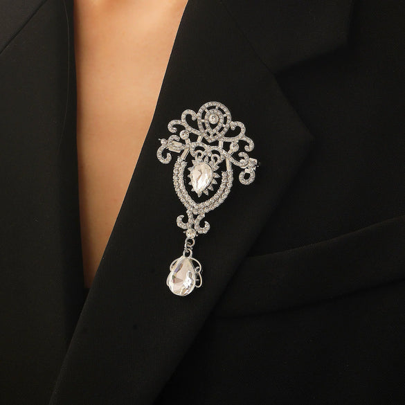 Wholesale Highend Luxury Alloy Full Diamond Carved Flower Crown Drop Shape Brooch Unisex Accessory Set With Diamonds