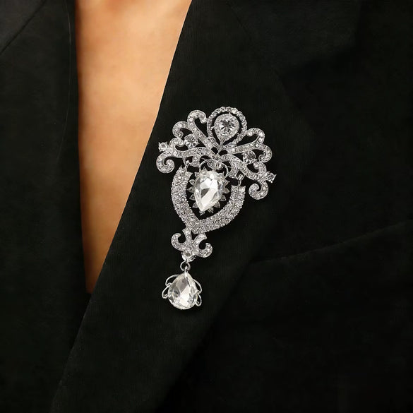 Wholesale Highend Luxury Alloy Full Diamond Carved Flower Crown Drop Shape Brooch Unisex Accessory Set With Diamonds
