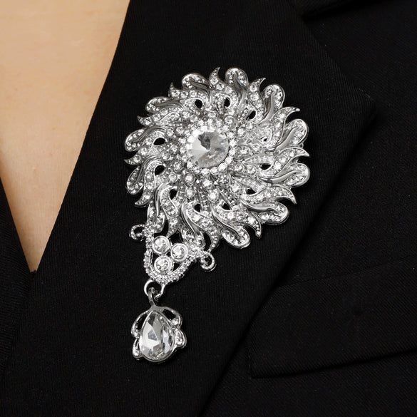 Wholesale Highend Luxury Alloy Full Diamond Carved Flower Crown Drop Shape Brooch Unisex Accessory Set With Diamonds