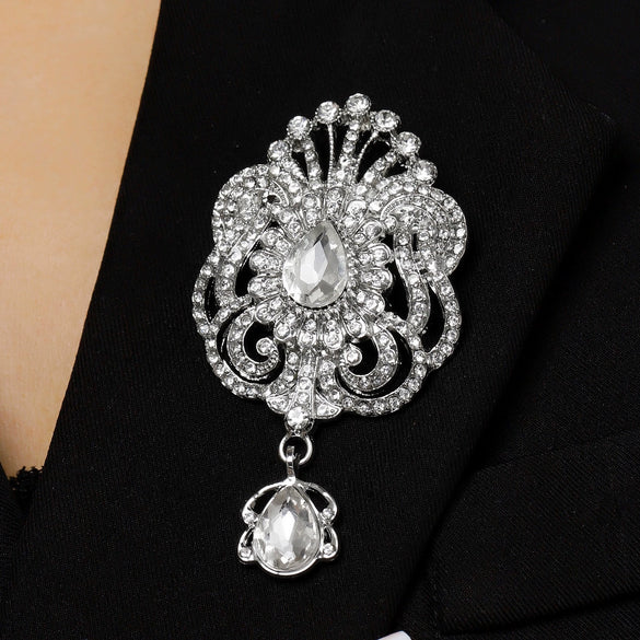 Wholesale Highend Luxury Alloy Full Diamond Carved Flower Crown Drop Shape Brooch Unisex Accessory Set With Diamonds