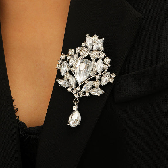 Wholesale Highend Luxury Alloy Full Diamond Carved Flower Crown Drop Shape Brooch Unisex Accessory Set With Diamonds