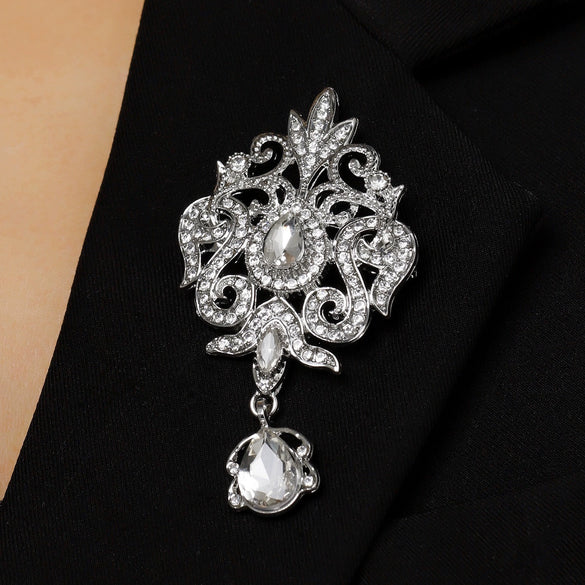 Wholesale Highend Luxury Alloy Full Diamond Carved Flower Crown Drop Shape Brooch Unisex Accessory Set With Diamonds