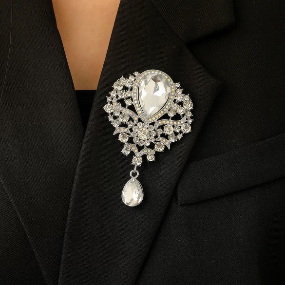Wholesale Highend Luxury Alloy Full Diamond Carved Flower Crown Drop Shape Brooch Unisex Accessory Set With Diamonds