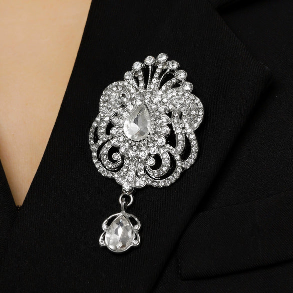 Wholesale Highend Luxury Alloy Full Diamond Carved Flower Crown Drop Shape Brooch Unisex Accessory Set With Diamonds