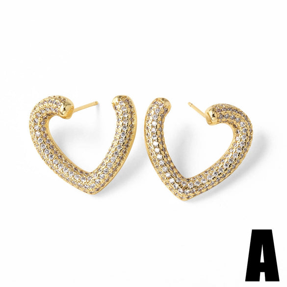 Wholesale Highend Micropaved Zircon Heart Shaped Copper Earrings With 18K Gold Plated Electroplating For Unisex