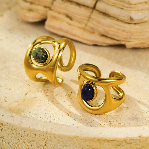 Wholesale Highend Open Ring Stainless Steel French Retro Irregular Geometric Hollow Inlaid Natural Stone Electroplated Women's