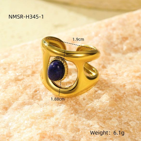 Wholesale Highend Open Ring Stainless Steel French Retro Irregular Geometric Hollow Inlaid Natural Stone Electroplated Women's