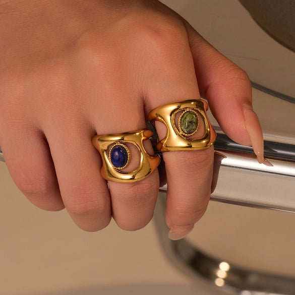 Wholesale Highend Open Ring Stainless Steel French Retro Irregular Geometric Hollow Inlaid Natural Stone Electroplated Women's