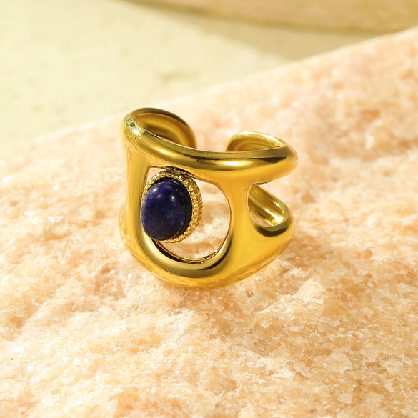 Wholesale Highend Open Ring Stainless Steel French Retro Irregular Geometric Hollow Inlaid Natural Stone Electroplated Women's