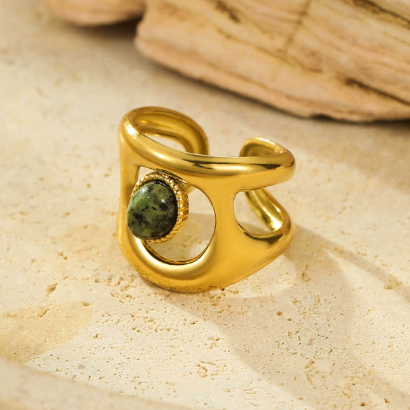 Wholesale Highend Open Ring Stainless Steel French Retro Irregular Geometric Hollow Inlaid Natural Stone Electroplated Women's