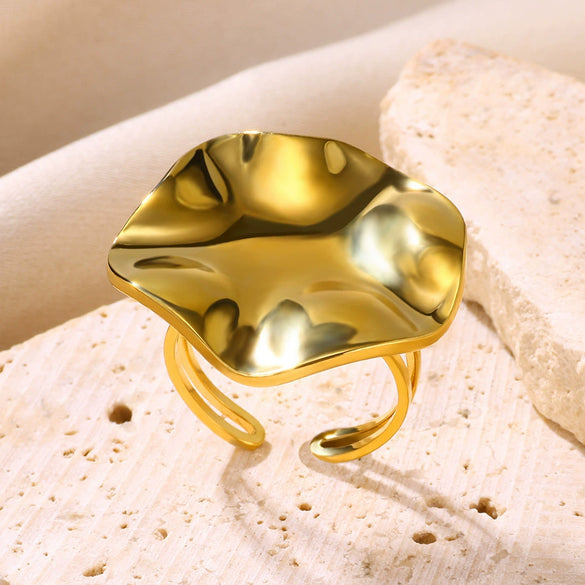 Wholesale Highend Stainless Steel Ring Exaggerated Glossy Asymmetrical With Heart Shape Wave Geometric Pattern Electroplated Unisex