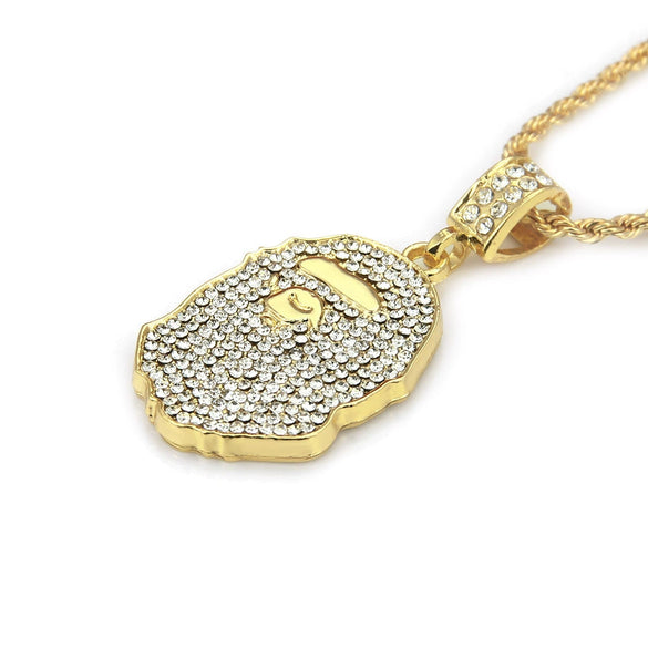 Wholesale Hip Hop Alloy Ape Head Diamond Pendant Necklace With Twist Chain And Cartoon Characters Design