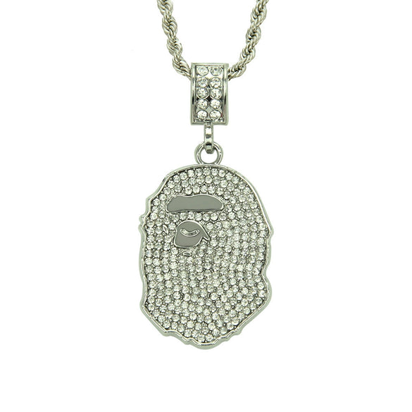 Wholesale Hip Hop Alloy Ape Head Diamond Pendant Necklace With Twist Chain And Cartoon Characters Design