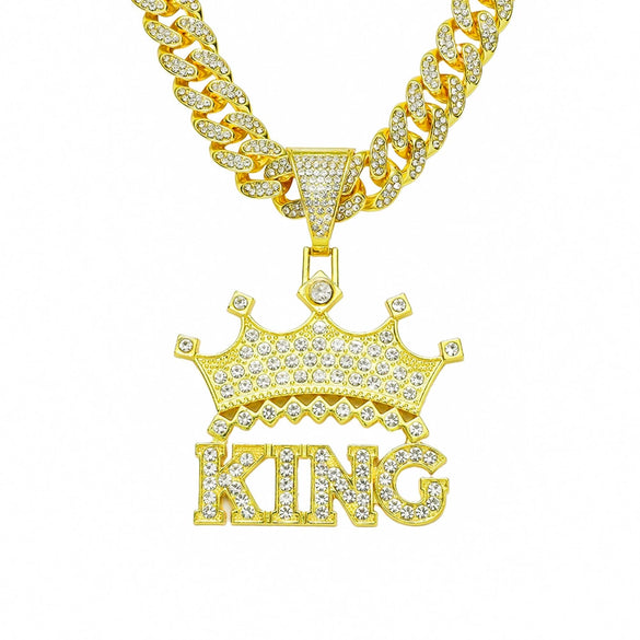 Wholesale Hip Hop Alloy Necklace With Letter Crown Pendant And Diamond Design For Men Cuban Chain Style