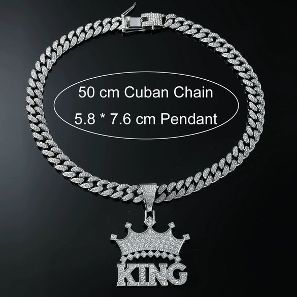 Wholesale Hip Hop Alloy Necklace With Letter Crown Pendant And Diamond Design For Men Cuban Chain Style