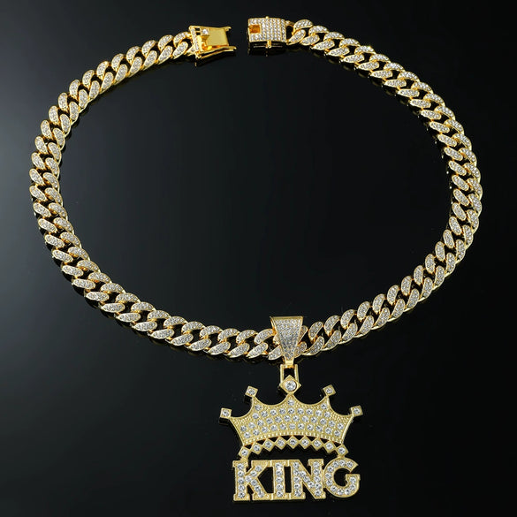 Wholesale Hip Hop Alloy Necklace With Letter Crown Pendant And Diamond Design For Men Cuban Chain Style