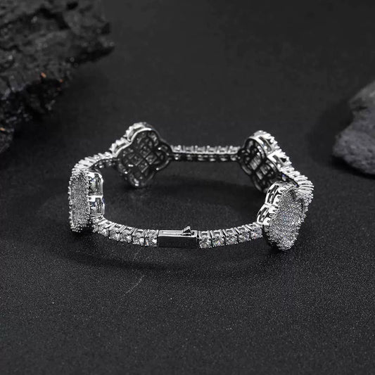 Wholesale Hip Hop Copper Zircon Geometric Fourleaf Clover Spring Buckle Tennis Bracelet Unisex Jewelry