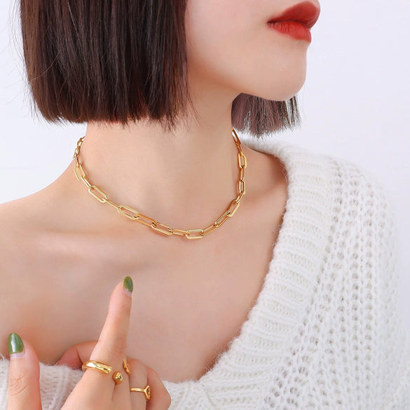 Wholesale Hip Hop Geometric Stacked Wear Simple Bare Chain 18K Gold Plated Titanium Steel Bracelet And Necklace Set For Women