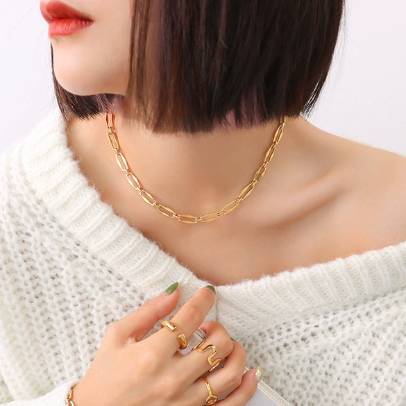 Wholesale Hip Hop Geometric Stacked Wear Simple Bare Chain 18K Gold Plated Titanium Steel Bracelet And Necklace Set For Women