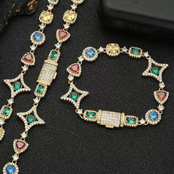 Wholesale Hip Hop Jewelry Copper Gemstone And Zirconia Necklace And Bracelet For Unisex