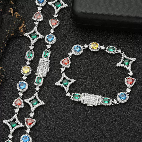 Wholesale Hip Hop Jewelry Copper Gemstone And Zirconia Necklace And Bracelet For Unisex