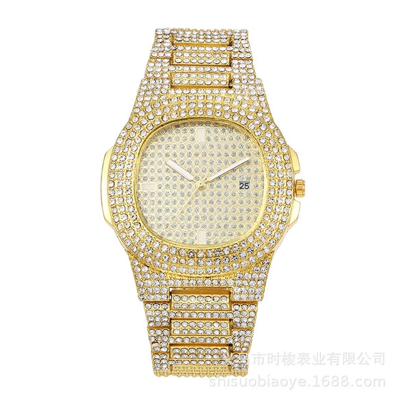 Wholesale Hip Hop Men's Alloy Strap Rectangle Dial Full Diamond Quartz Calendar Watch