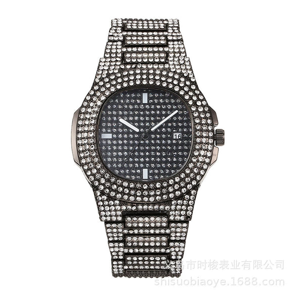 Wholesale Hip Hop Men's Alloy Strap Rectangle Dial Full Diamond Quartz Calendar Watch