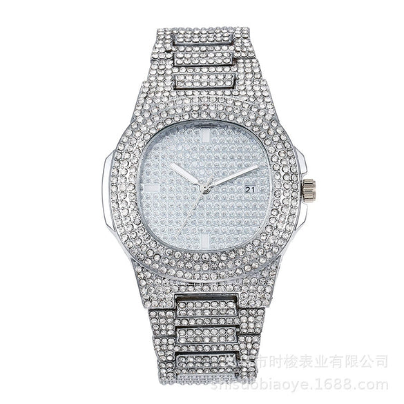 Wholesale Hip Hop Men's Alloy Strap Rectangle Dial Full Diamond Quartz Calendar Watch
