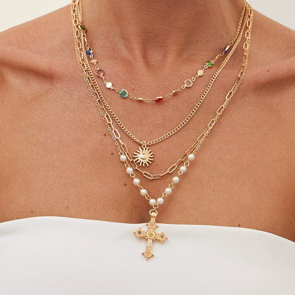 Wholesale Hip Hop Metal Cross Sun Pendant Imitation Pearl Necklace Alloy Copperclad Iron Iron Copper Chain Rhinestone Electroplating Geometric Style Women's