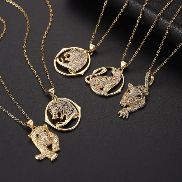 Wholesale Hip Hop Style Animal Pattern Copper Inlaid Zircon Goldplated Pendant Necklace