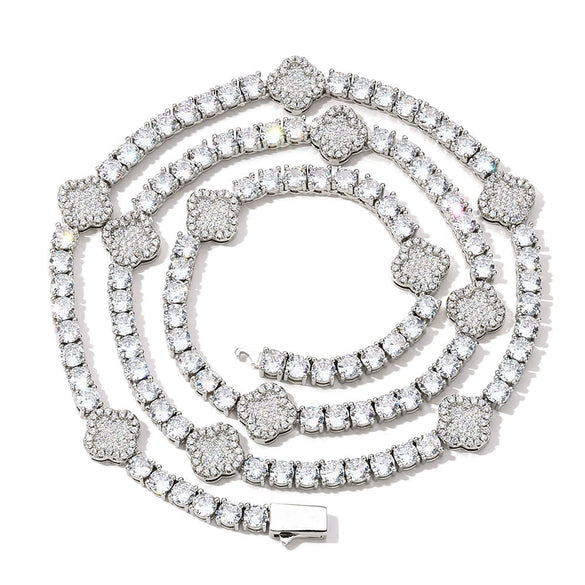 Wholesale Hip Hop Style Copper Zircon Tennis Chain Four Leaf Clover Necklace And Bracelet Jewelry