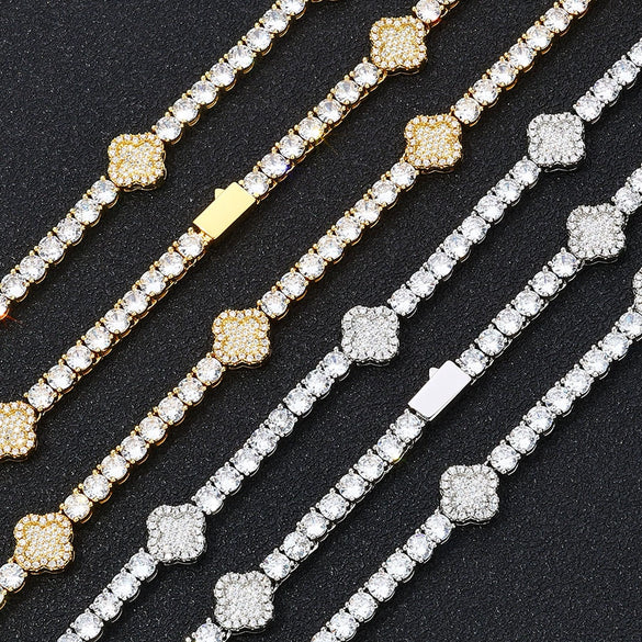 Wholesale Hip Hop Style Copper Zircon Tennis Chain Four Leaf Clover Necklace And Bracelet Jewelry
