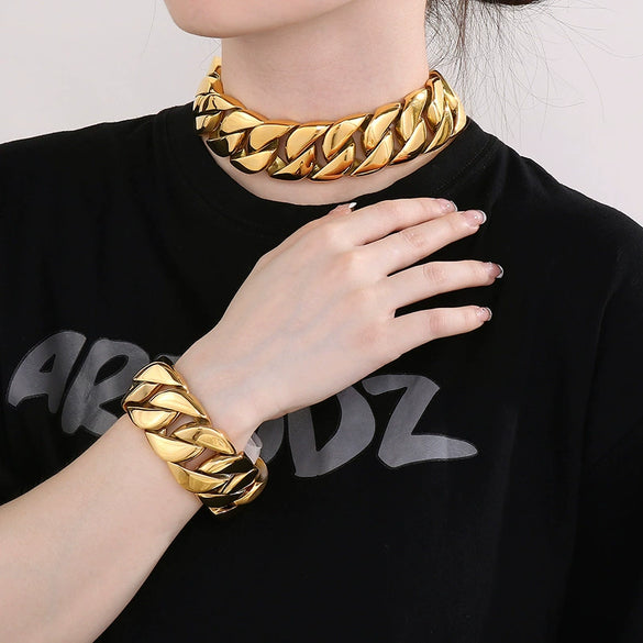 Wholesale Hip Hop Style Stainless Steel Cuban Chain Unisex Necklace And Bracelet With Electroplating