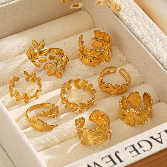 Wholesale Hip Hop Style Stainless Steel Ginkgo Leaf Ring With 18K Gold Plated Electroplating For Lady And Unisex