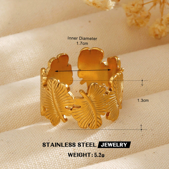 Wholesale Hip Hop Style Stainless Steel Ginkgo Leaf Ring With 18K Gold Plated Electroplating For Lady And Unisex
