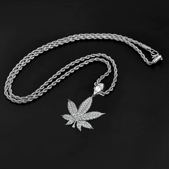 Wholesale Hip Hop Zircon Inlaid Copper Leaf Pendant Necklace With Melon Seed Clasp