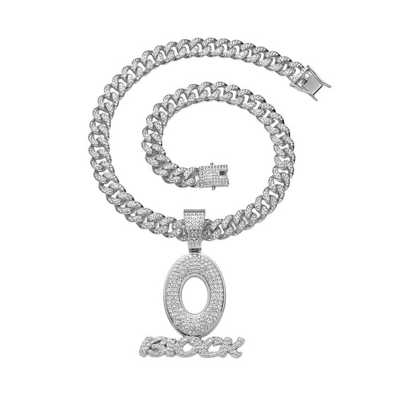 Wholesale Hiphop Alloy Rhinestone O Letter Pendant Necklace With Cuban Chain For Men
