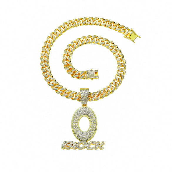 Wholesale Hiphop Alloy Rhinestone O Letter Pendant Necklace With Cuban Chain For Men