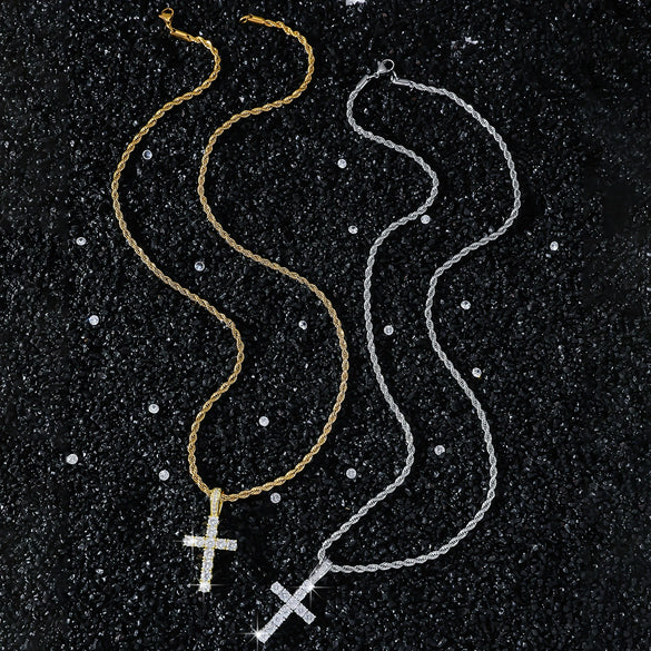 Wholesale Hiphop Copper Alloy Zircon Cross Pendant Necklace Set With Diamonds On Twist Chain Unisex
