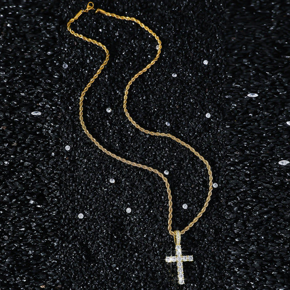 Wholesale Hiphop Copper Alloy Zircon Cross Pendant Necklace Set With Diamonds On Twist Chain Unisex